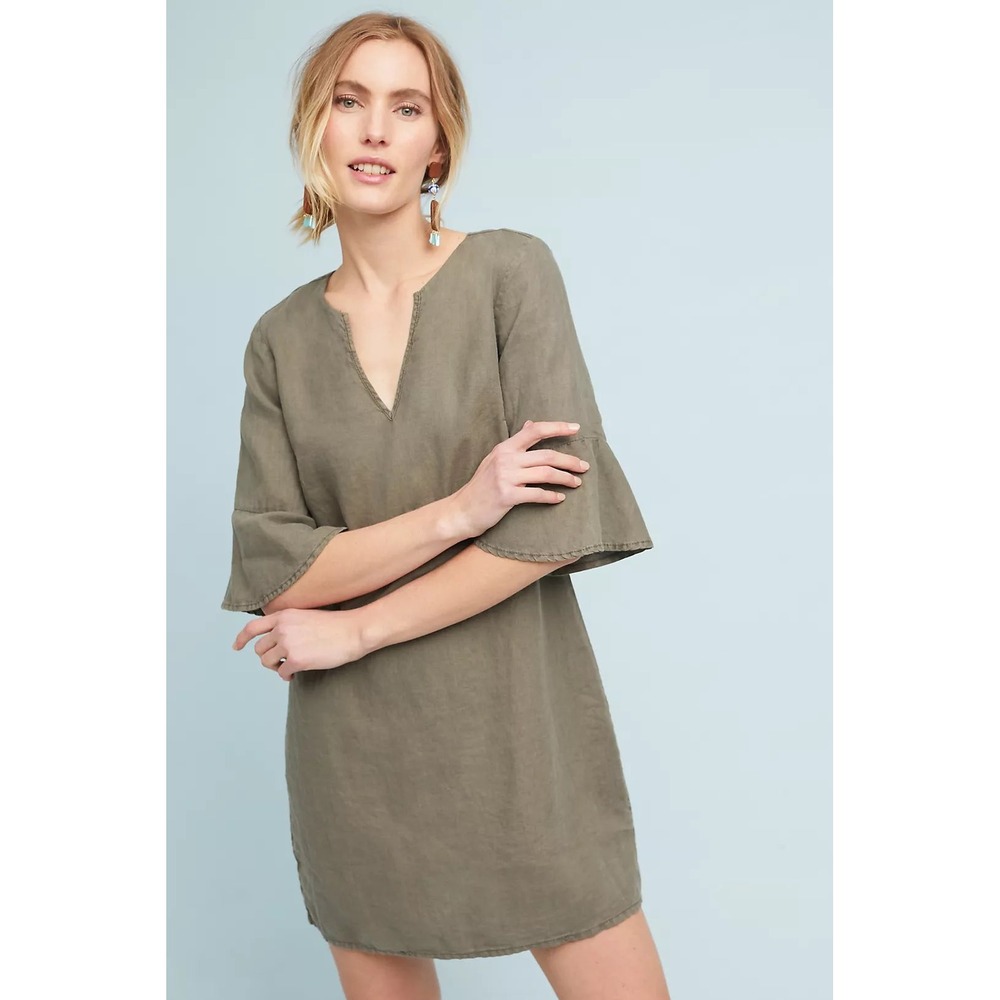 Michael Stars 100% Linen Mini Dress‎ Tan Khaki Size Small V Neck Bell Sleeve